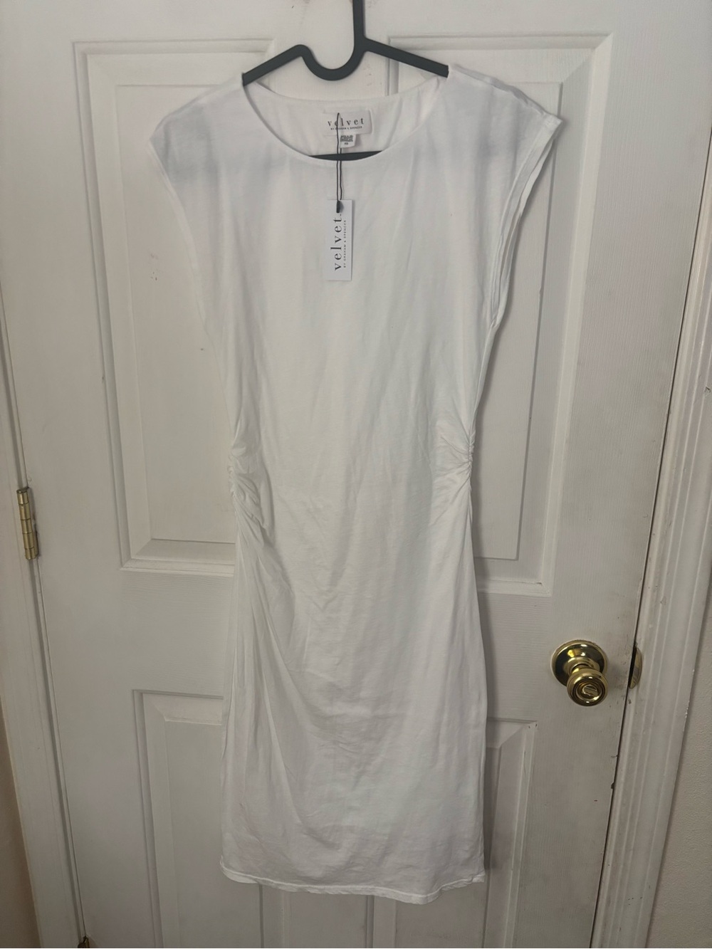 Velvet White Cap-Sleeve Ruched Side Midi Dress
